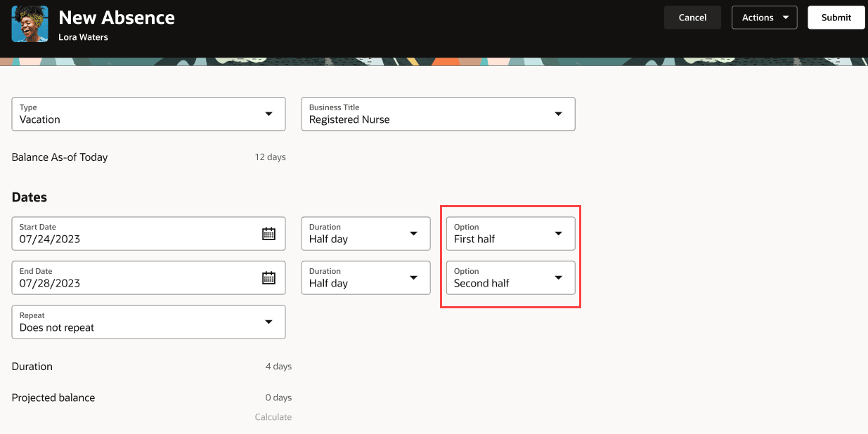 Screen capture of the half day options