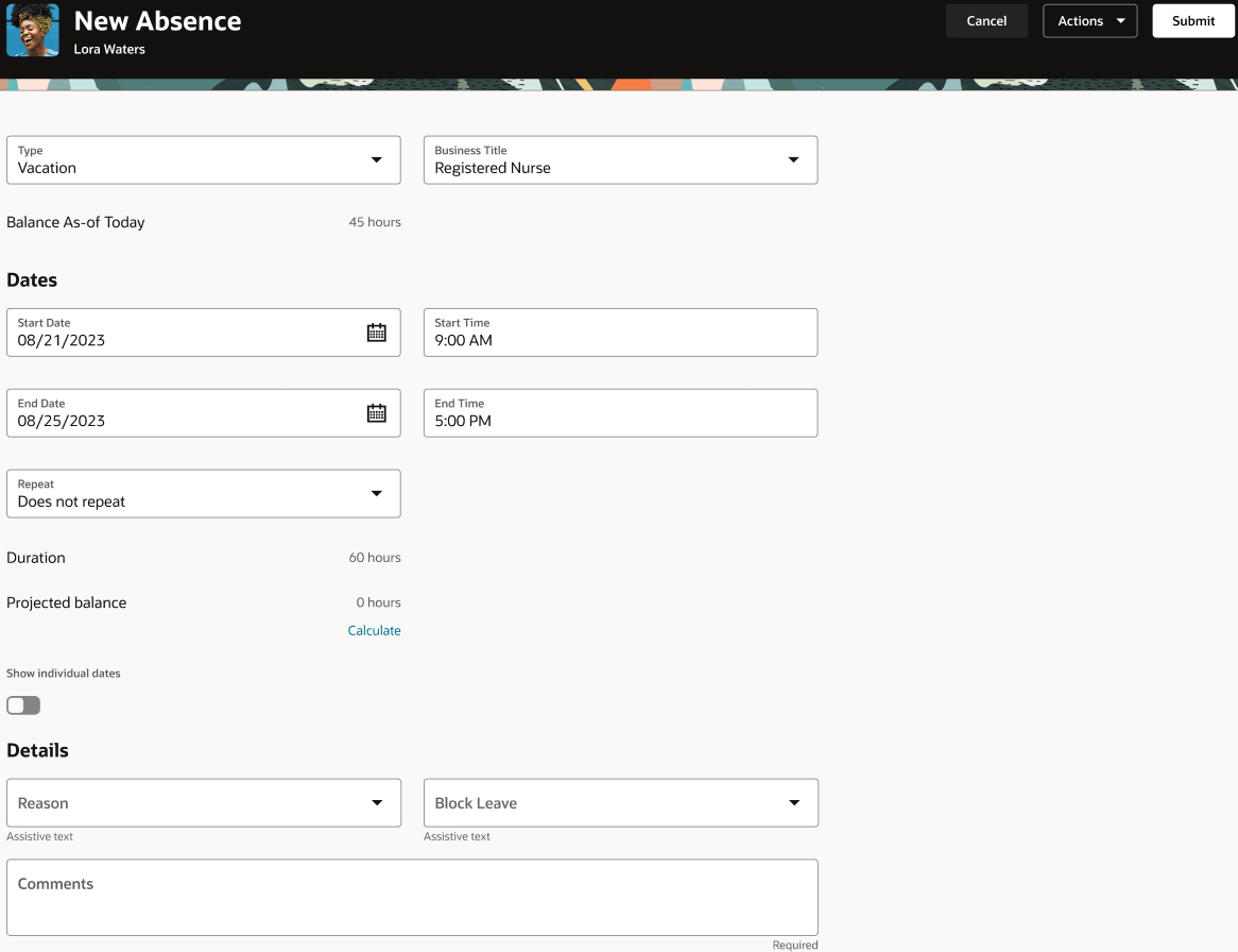 Screen capture of the Absence entry Redwood page