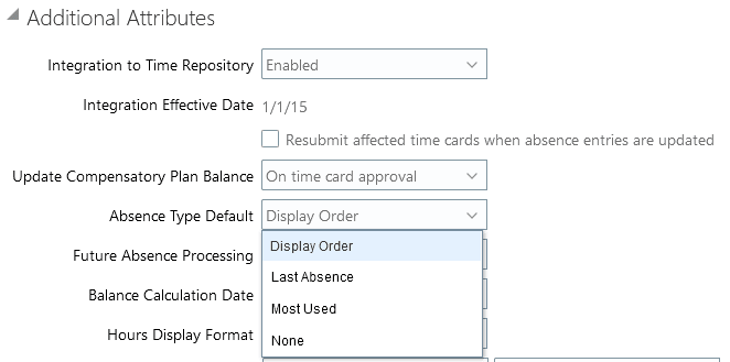 Screen capture of the Absence Type Default option