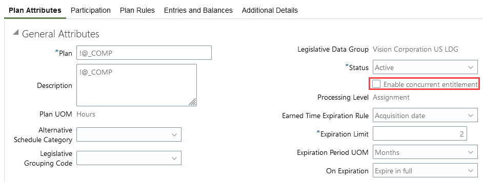 Screen capture of the Enable concurrent entitlement check box