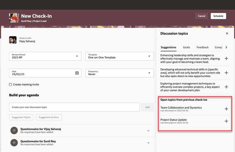 Open topics from previous check-ins section