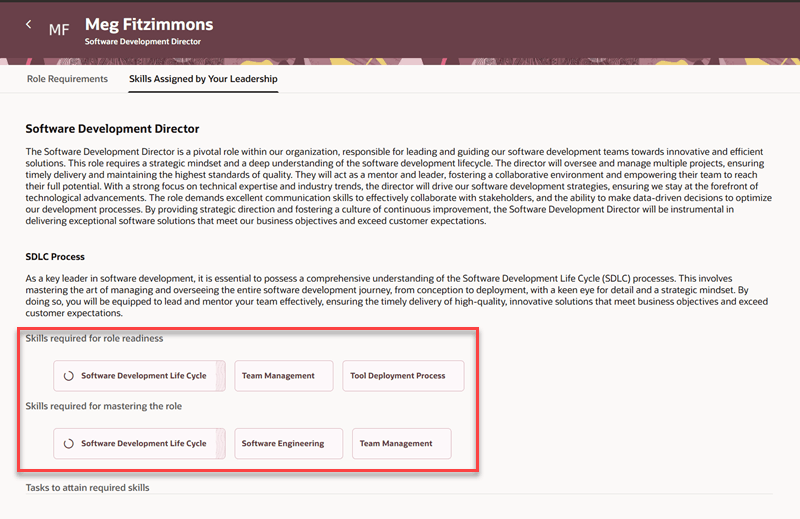Skills required for mastery and readiness on the Skills Assigned by Your Leadership tab