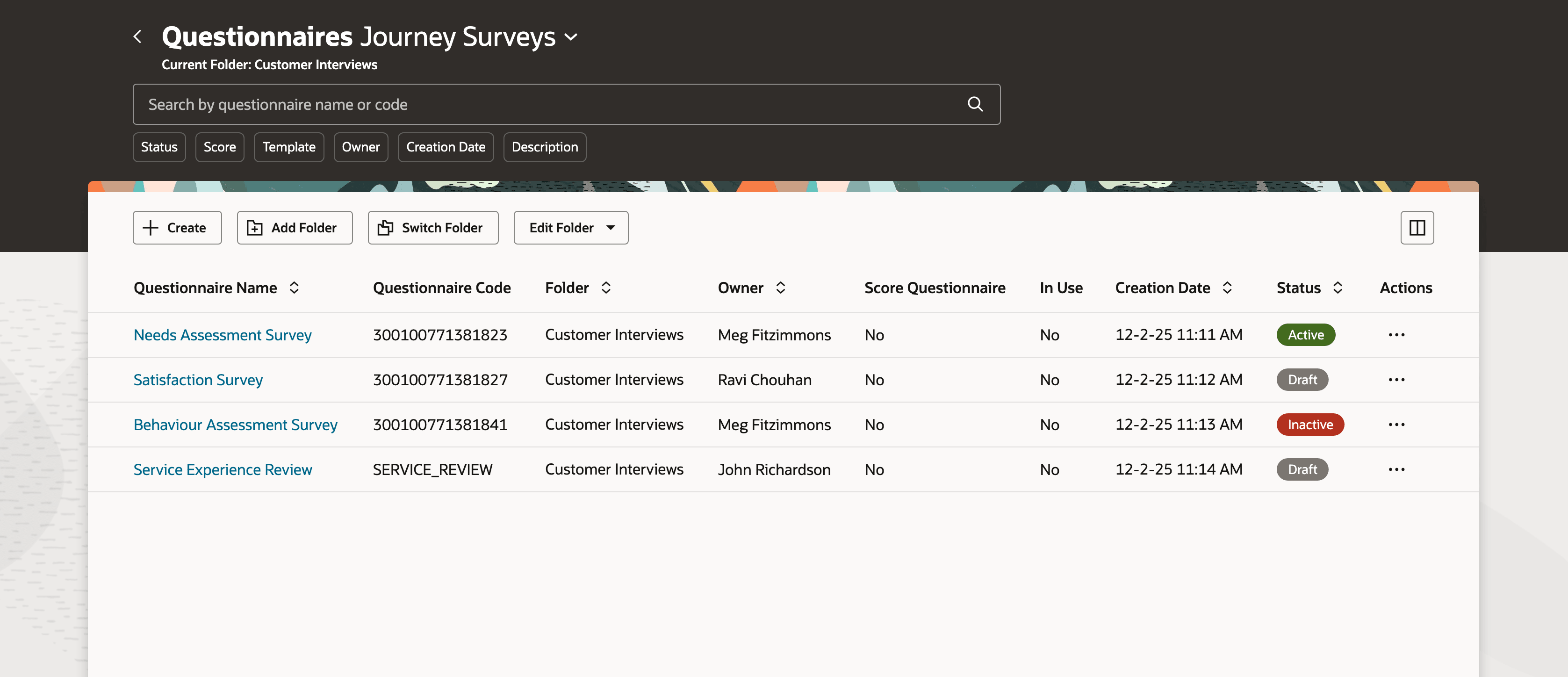 Screen capture for the Questionnaires landing page