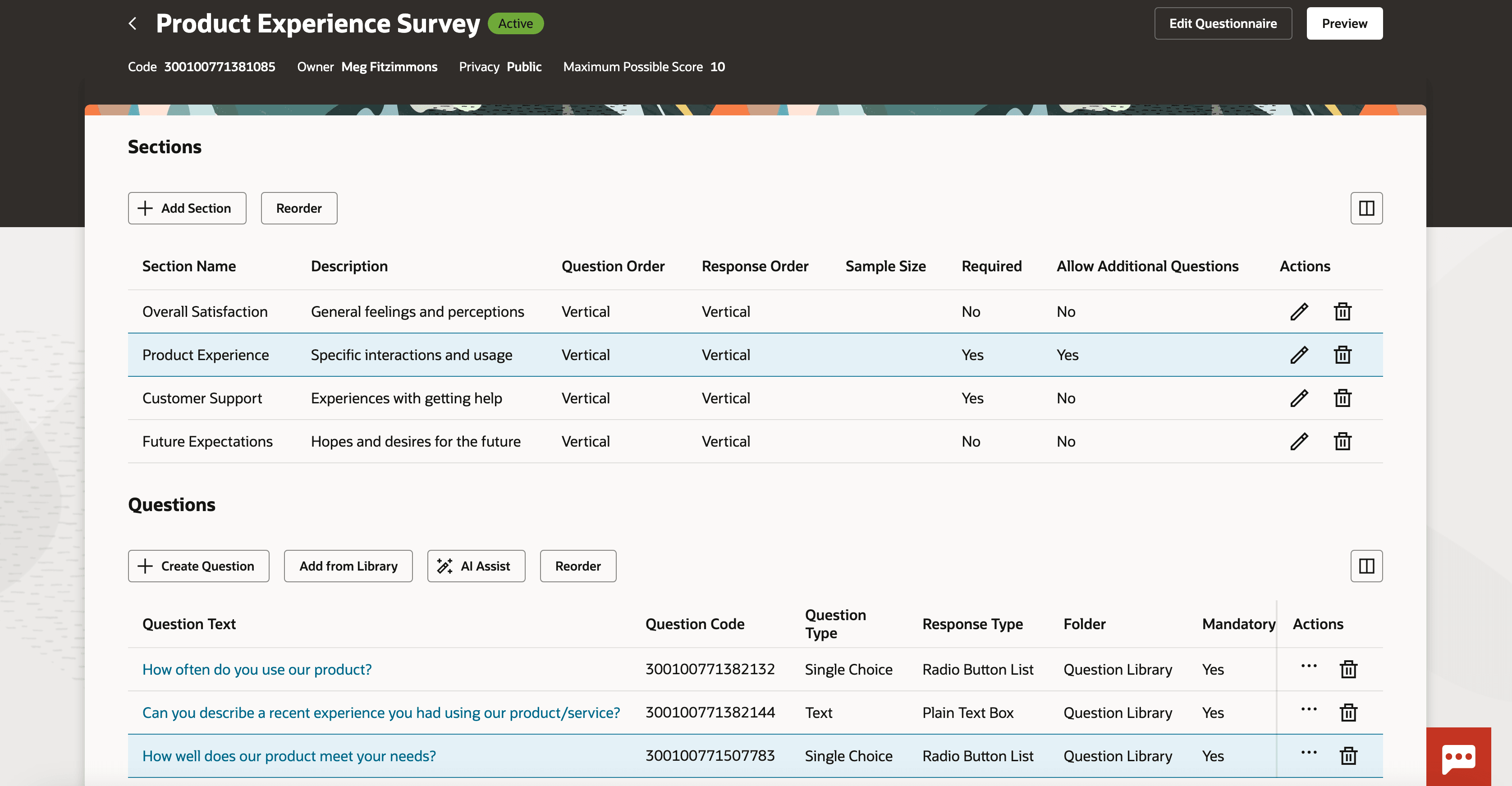 Screen capture with sections and questions