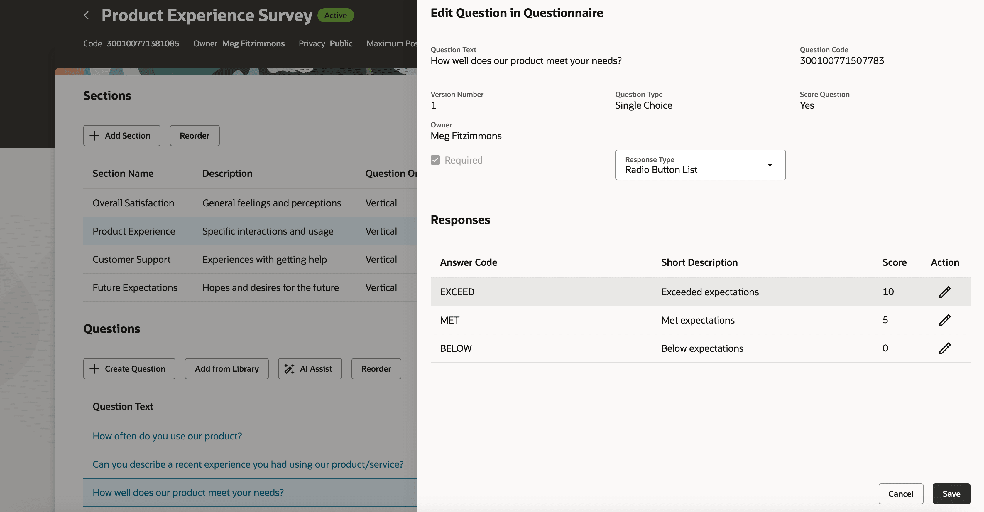 Screen capture of Questionnaire page open with Edit Question in Questionnaire side panel open