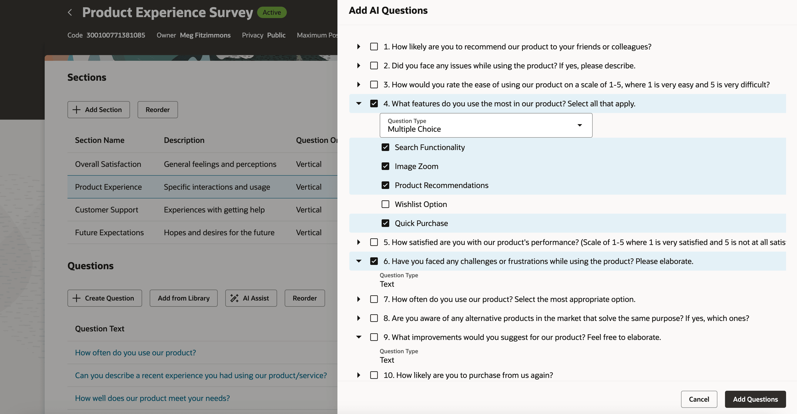 Screen capture of Questionnaire page open with Add AI Questions side panel open