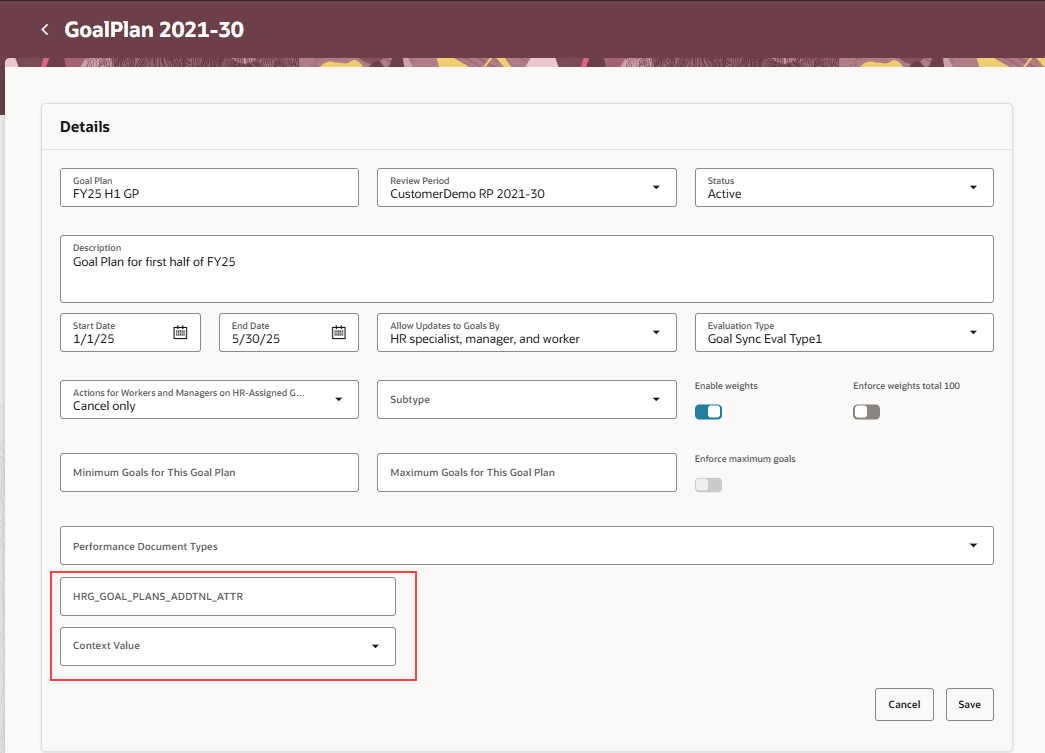Flexfield highlighted in goal plan details