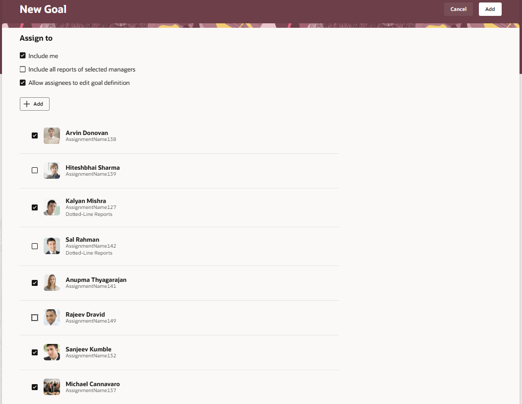 Assign to section of the New Goal page showing the selected team members.