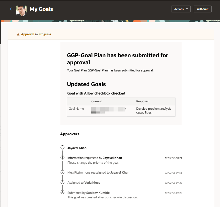 Approval Details on My Goals page