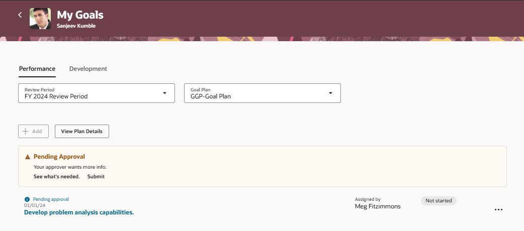 Approval message banner with Submit option on Performance Tab of My Goals page