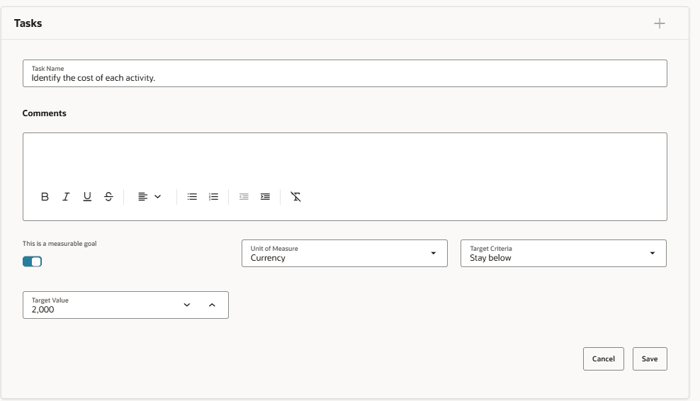 Tasks section of a library goal