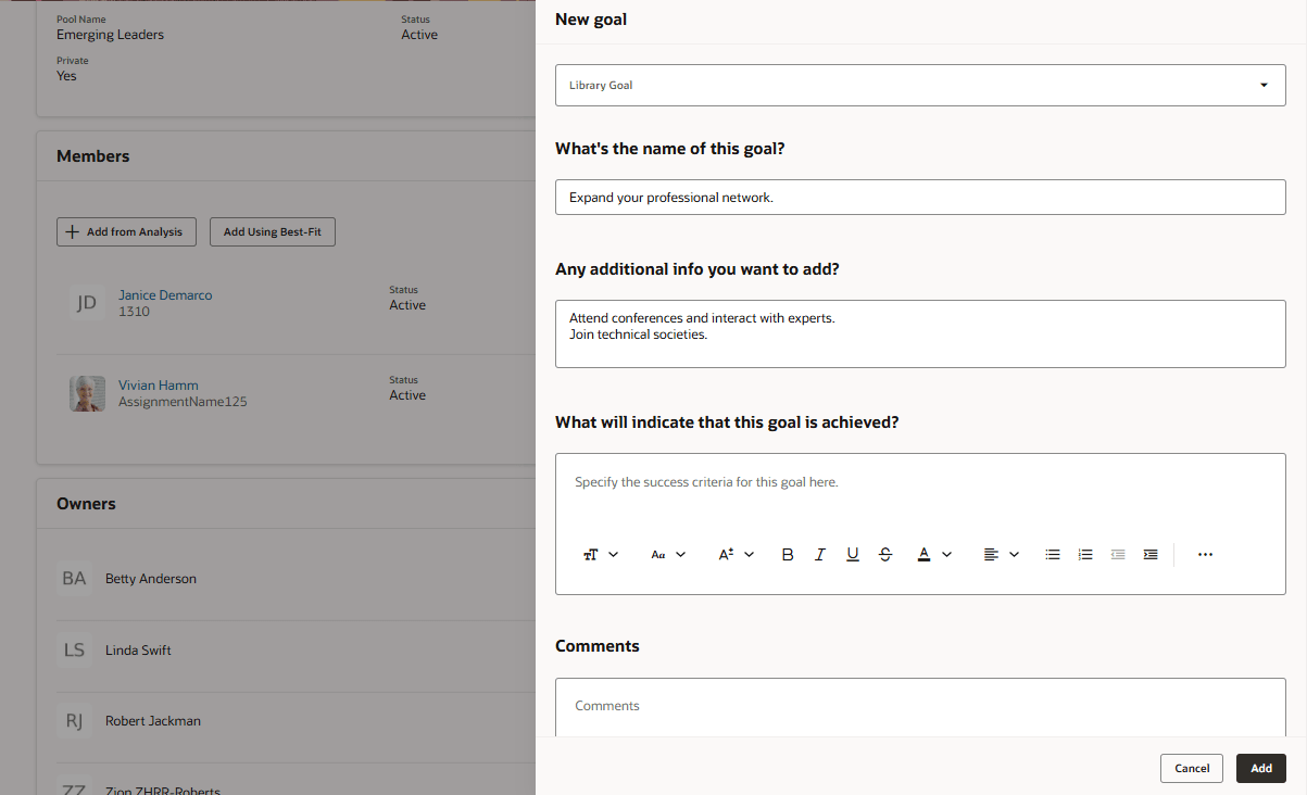 New goal panel in a talent pool