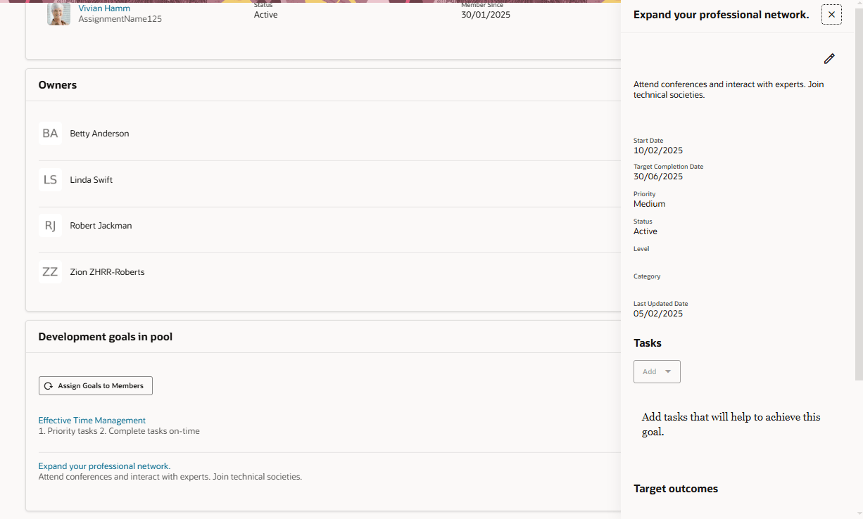 Development goal panel in a talent pool