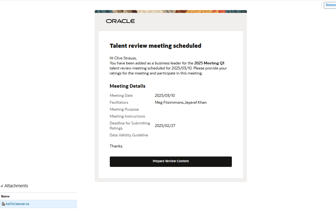 Notification to business leader with the ICS file attachment
