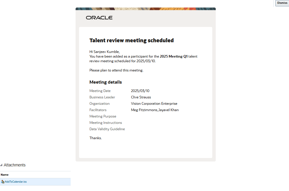 Notification to meeting participant with the ICS file attachment