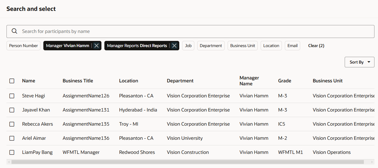 Search and select panel with Manager and Manager Reports filters applied