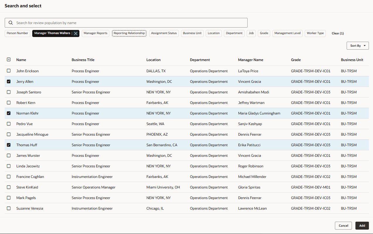 Search and select panel with Manager filter applied