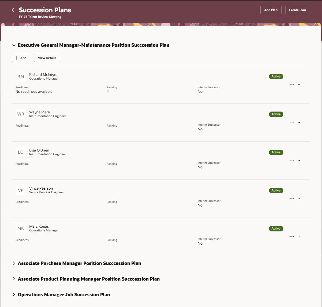Succession Plans page listing the associated succesion plans. One succession plan is expanded to show members who are candidates.