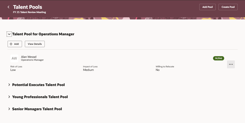 Talent Pools page listing the associated talent pools. One talent pool is expanded to show reviewees who are talent pool members..