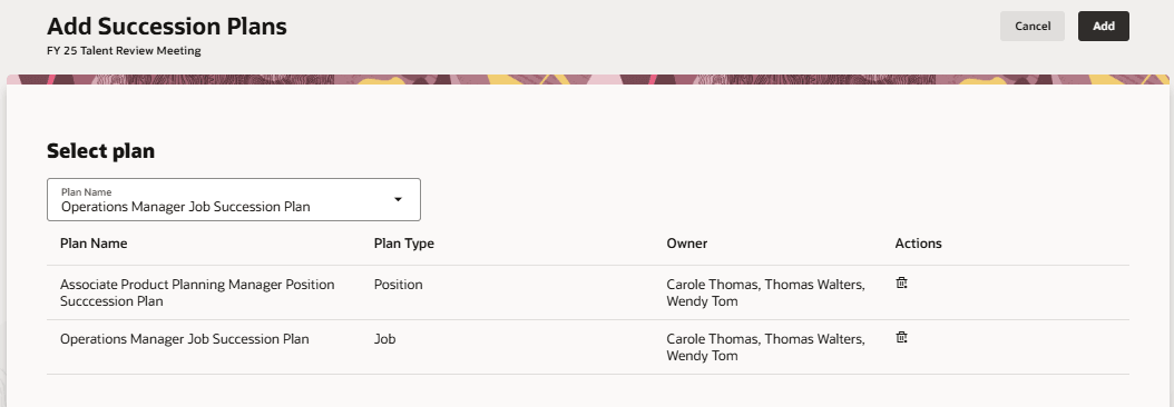 Add Succession Plans page to select a succession plan