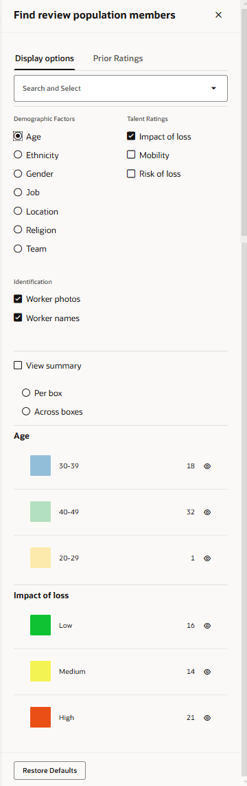 Display Options tab with a legend for the selected display options