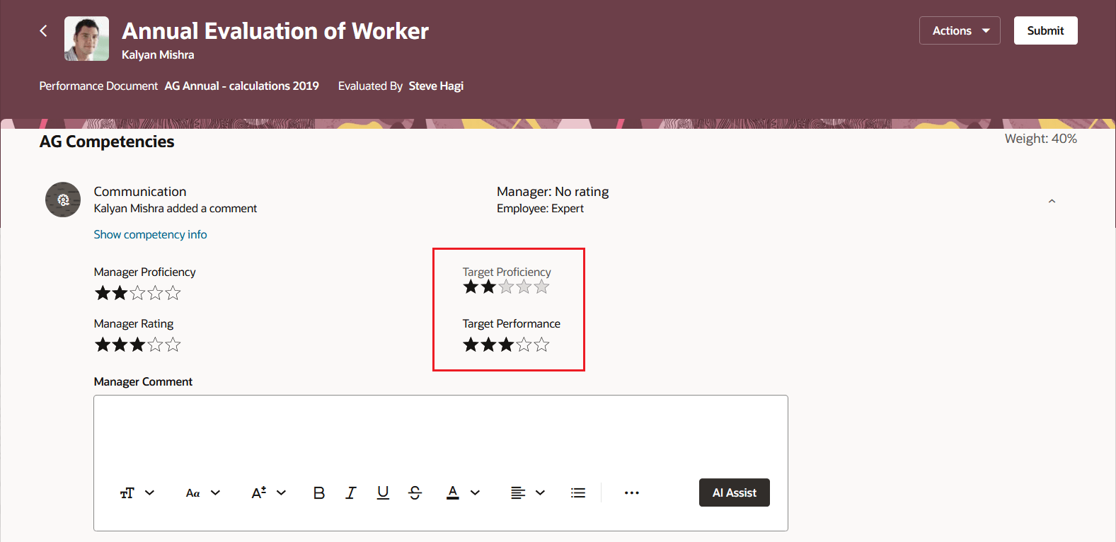 Screenshot of employee performance evaluation page with target proficiency level for a competency highlighted