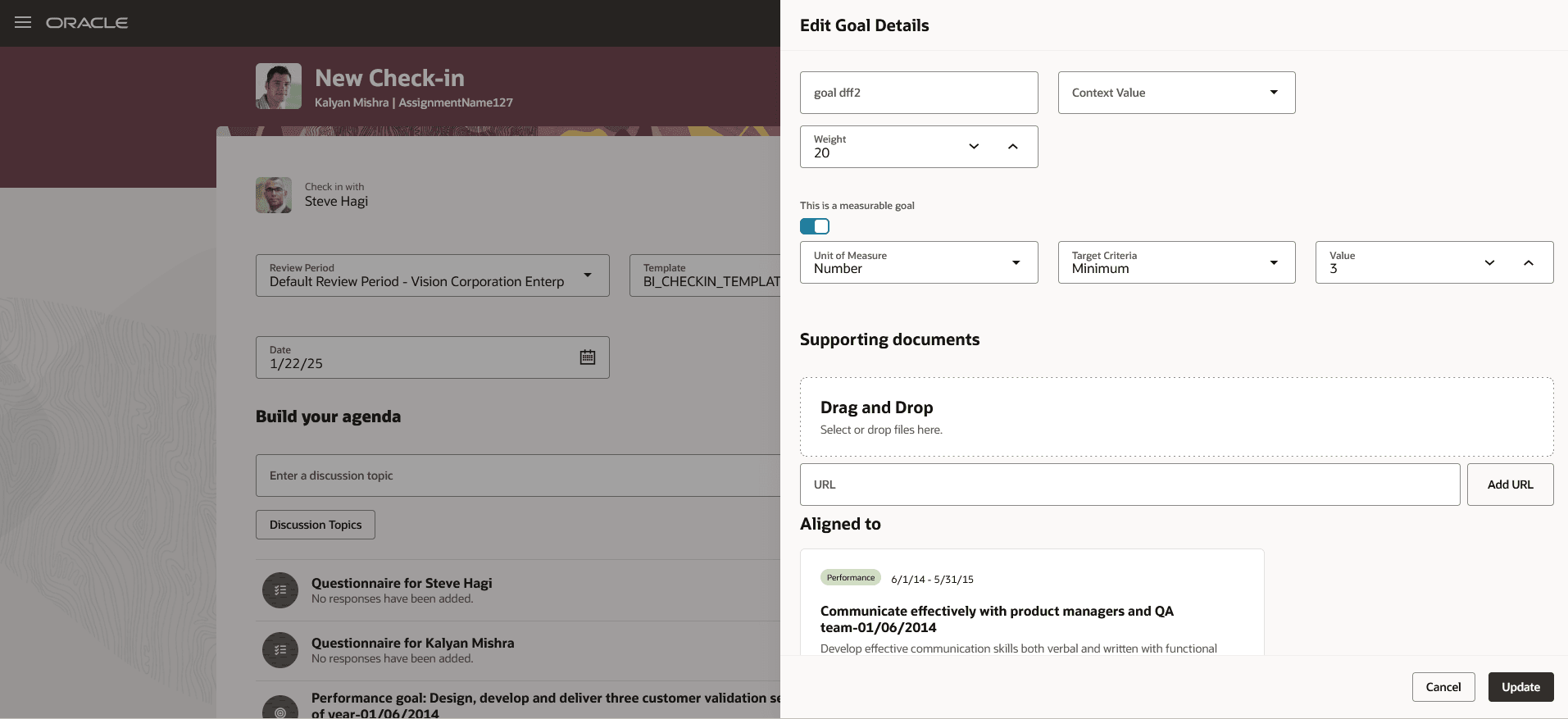 This screenshot shows the Edit Goal Details drawer in the Redwood Check-in page.