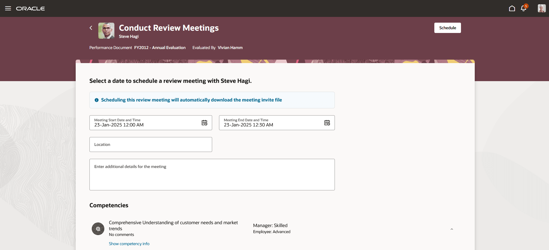 Screenshot shows manager scheduling a review meeting. A message is displayed to indicate the meeting file will be automatically downloaded.