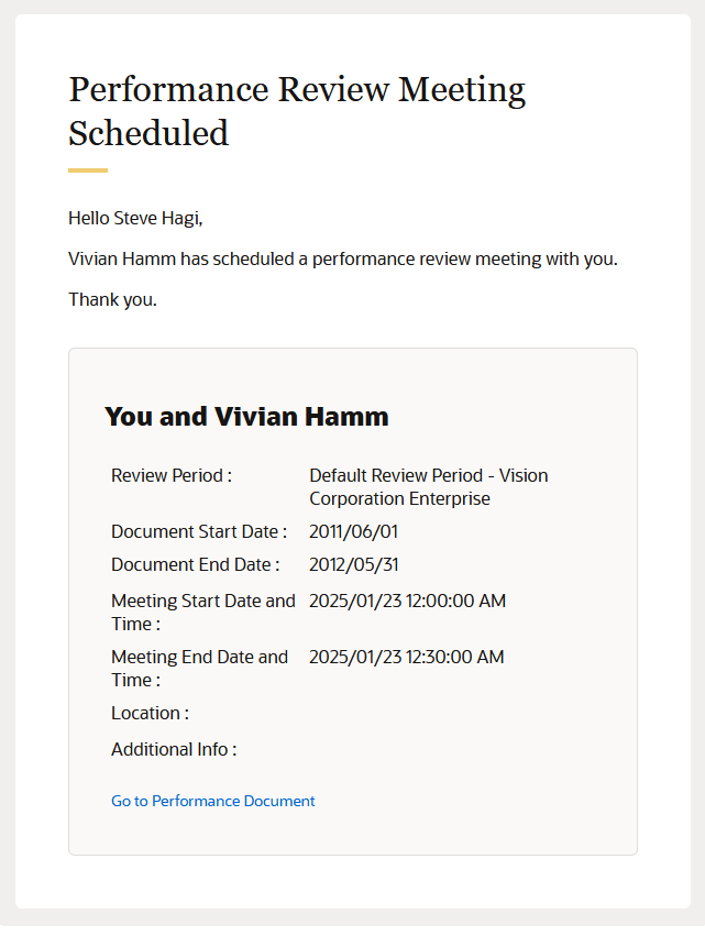 This screenshot shows the review notification sent to managers and employeers when the meeting is scheduled.