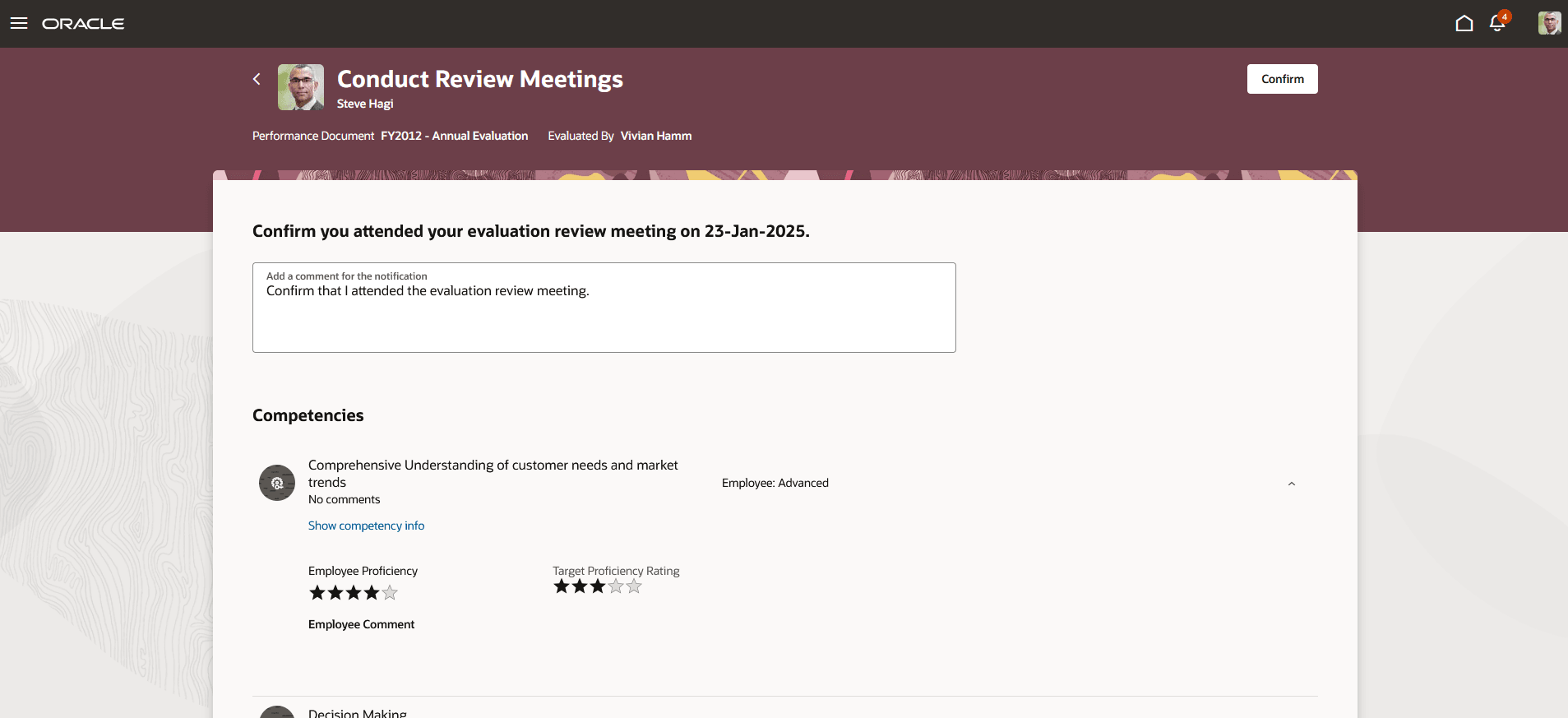 Screenshot shows the review meeting confirmation task acknowledged by the employee.