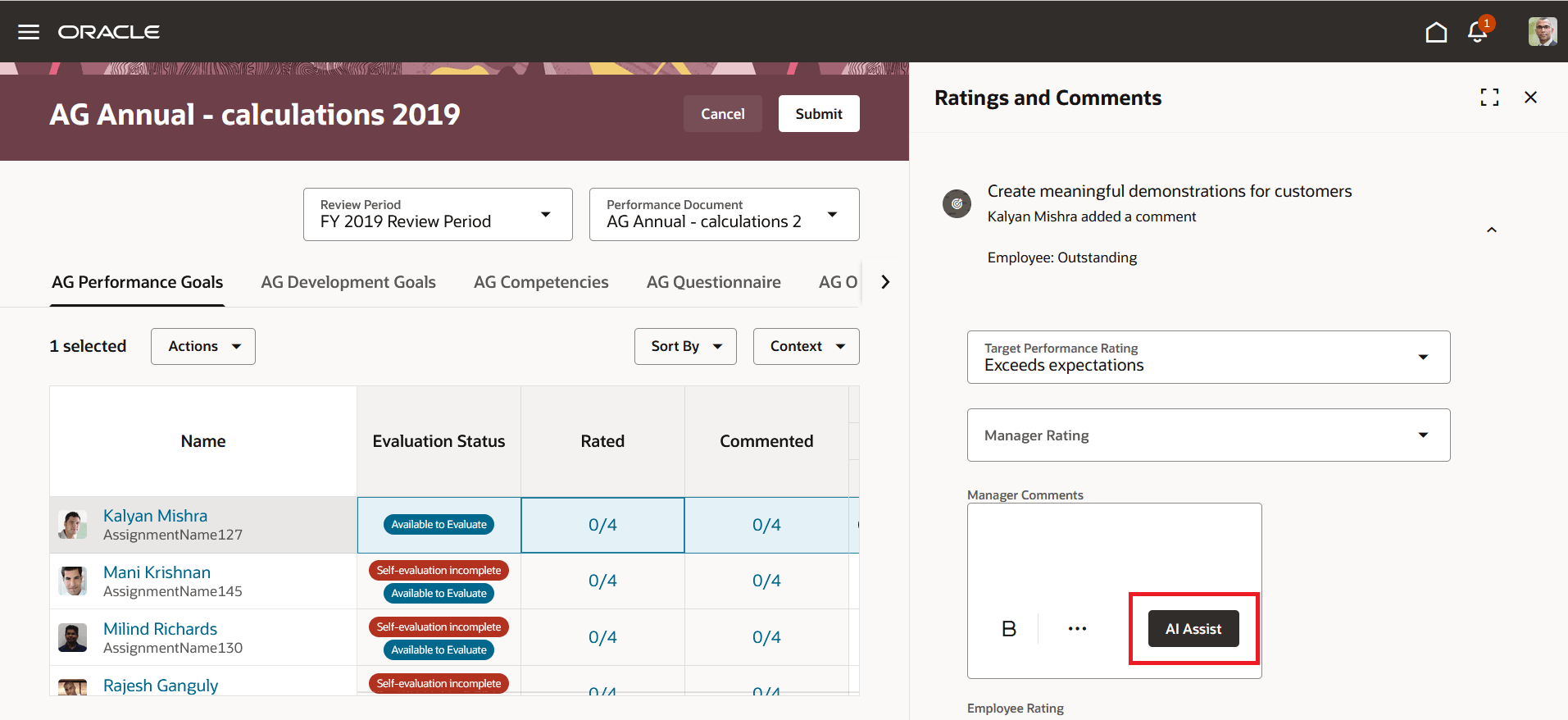 This screenshot shows the All-in-One Evaluation page with the Goals panel drawer with the AI Assist button highlighted.