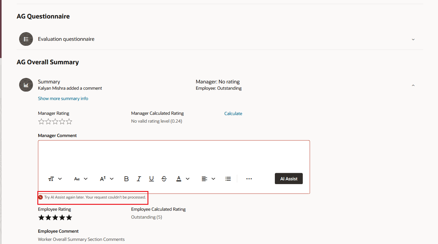 Screenshot of the overall summary section in a performance document with insufficient data for AI generated comments highlighted.