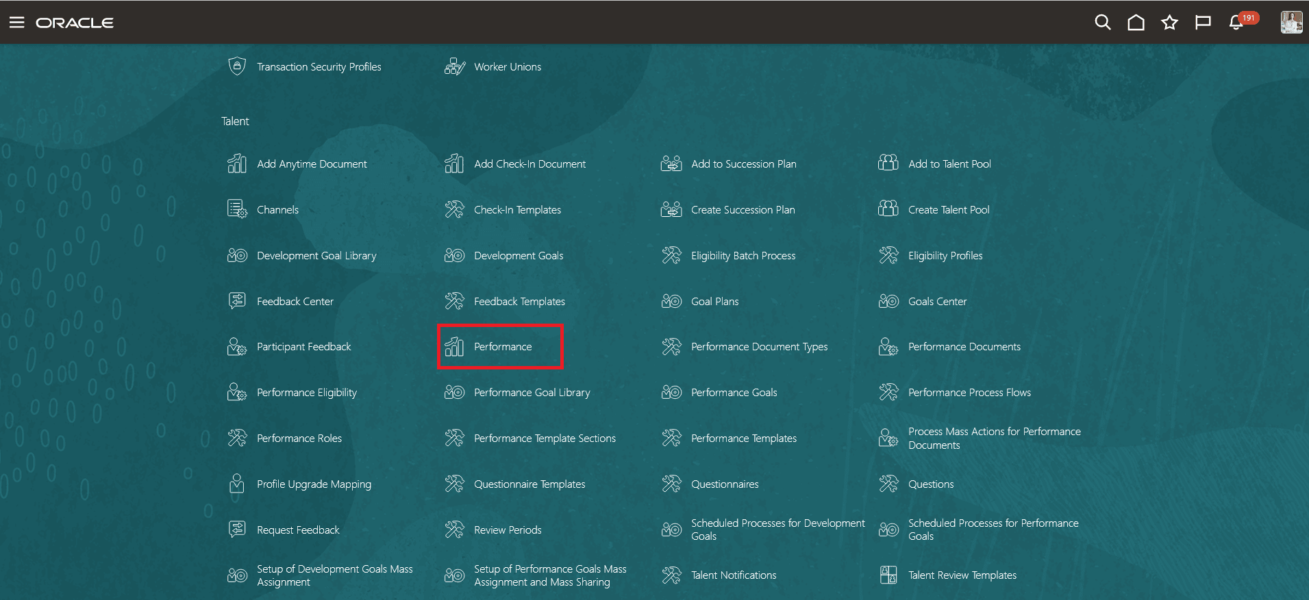 This screenshot illustrates the highlighted Performance quick action that HR users can use to search for employees. 