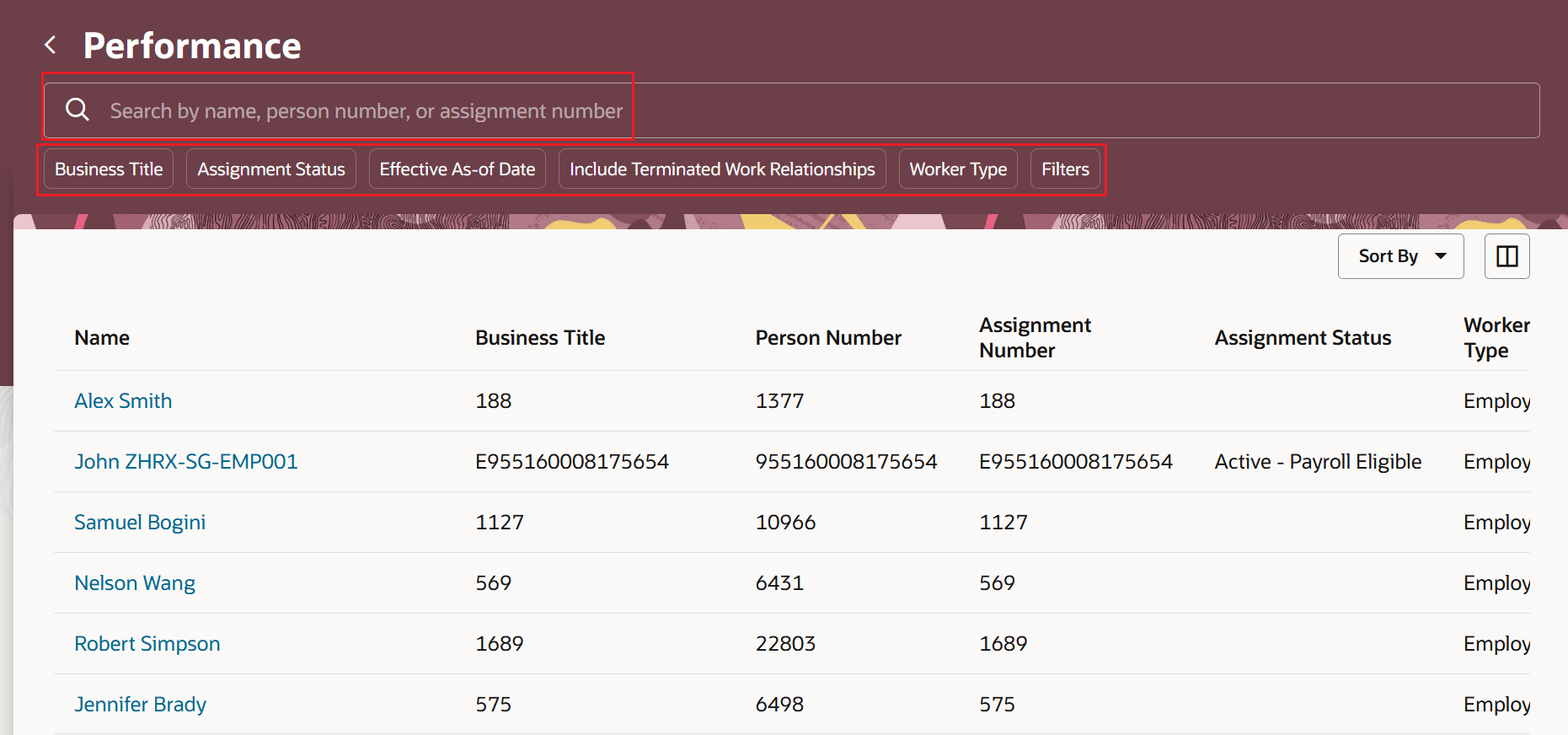 This screenshot illustrates the Performance page and the filters that HR users can use to search for employees.