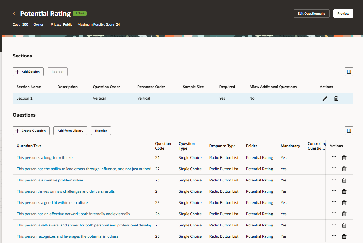 Questionnaire page that shows questions for a selected section
