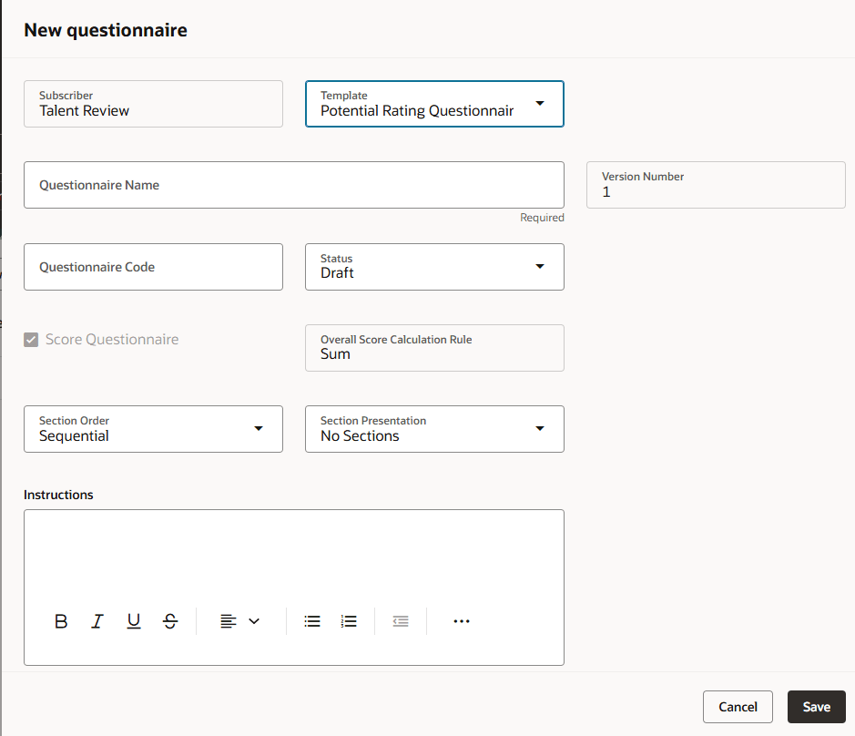 New questionnaire Panel