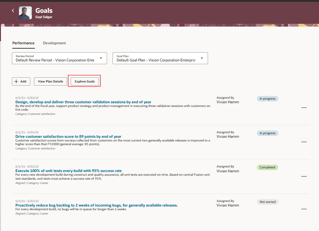 Explore Goals button highlighted on the Performance Tab of the Goals page of a team member