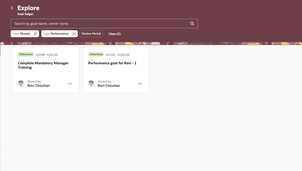 Explore Page of a team member showing some shared performance goals