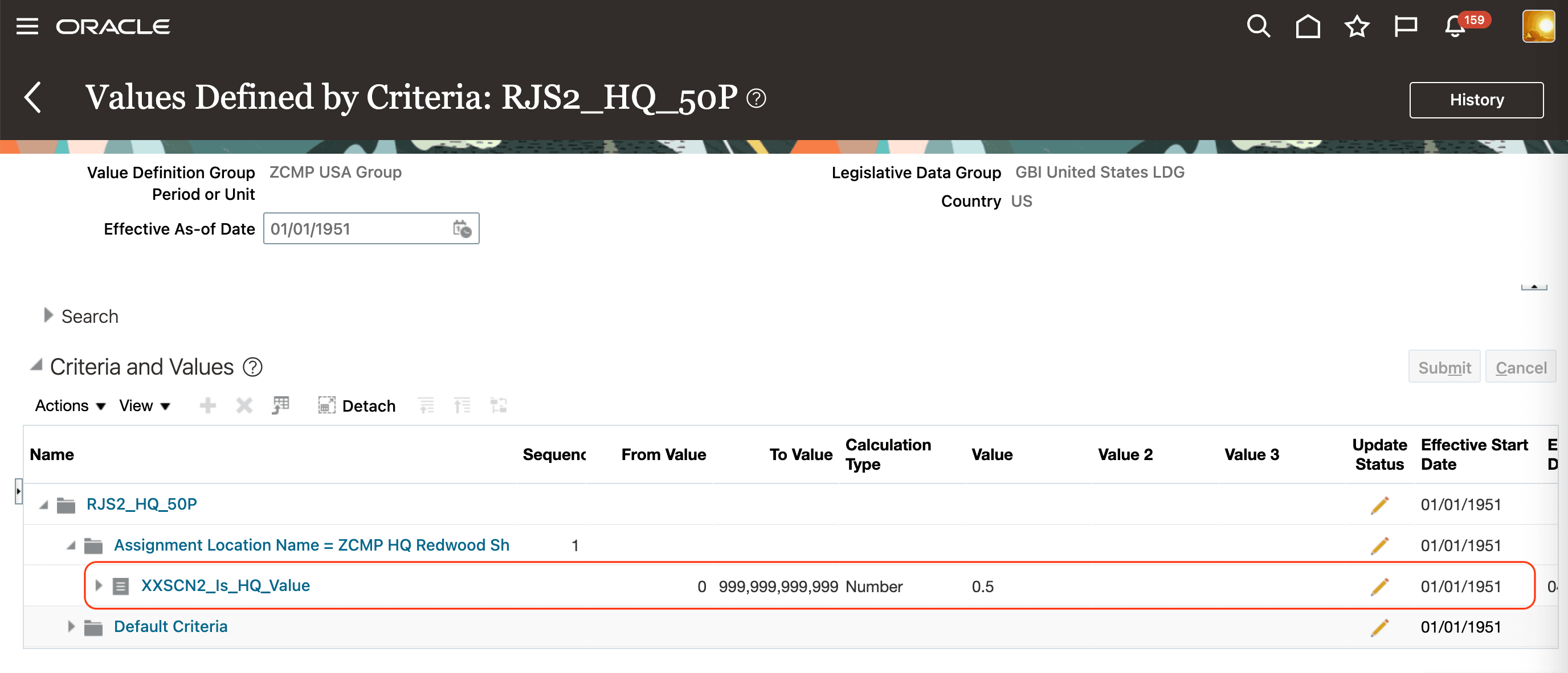 Value by Criteria Setup Effective 01-Jan-1951
