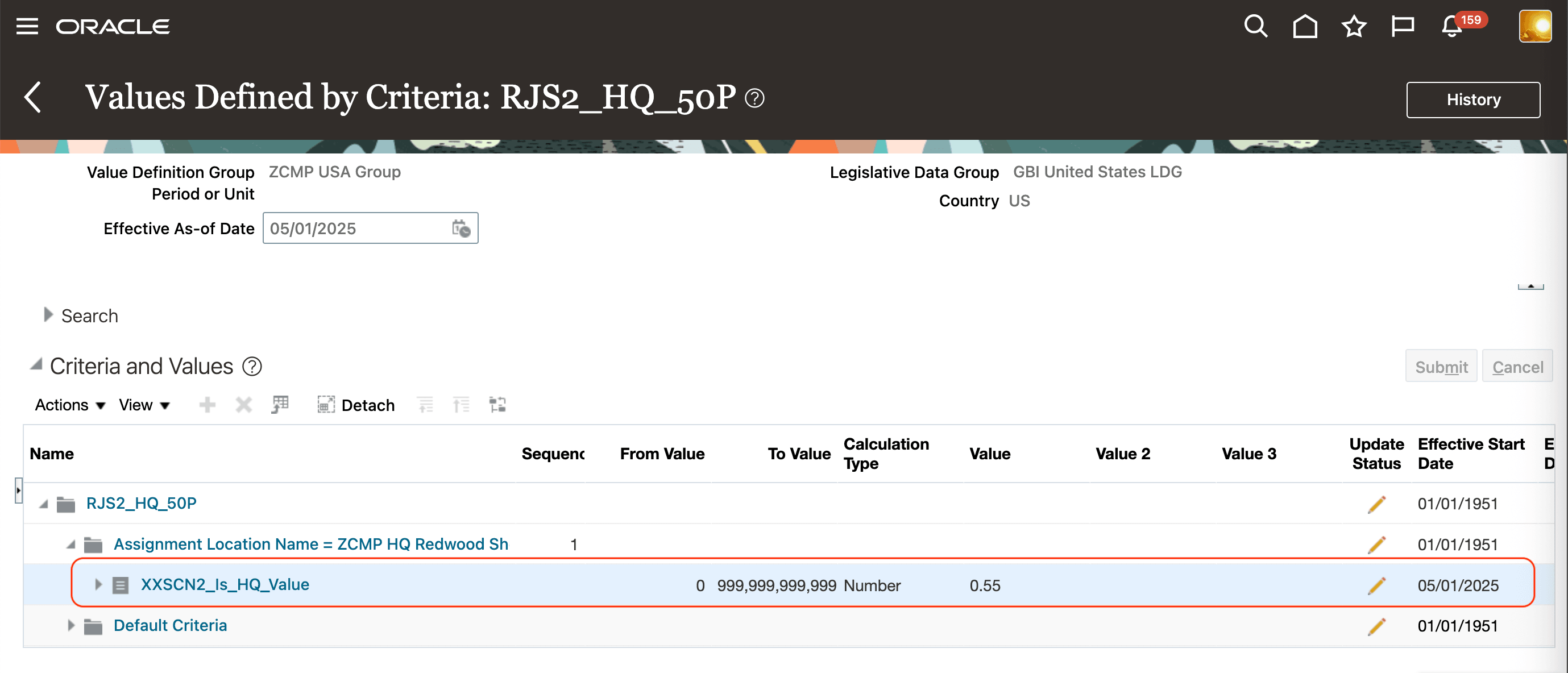 Value by Criteria Setup Effective 01-May-1951