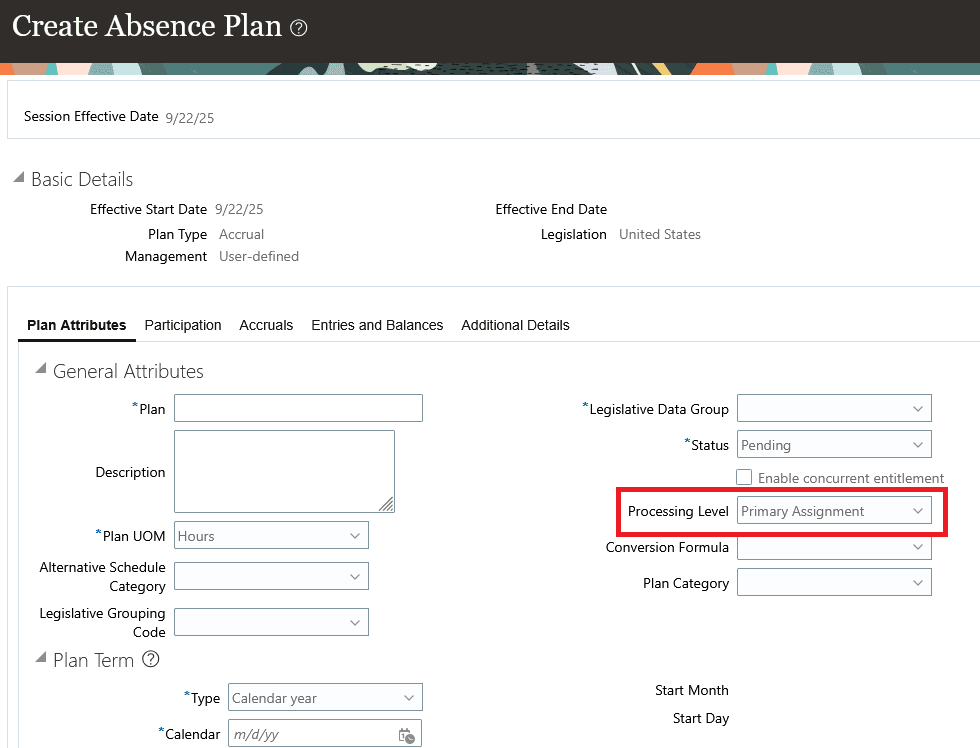 Primary Assignment processing level option in the New Absence Plan page
