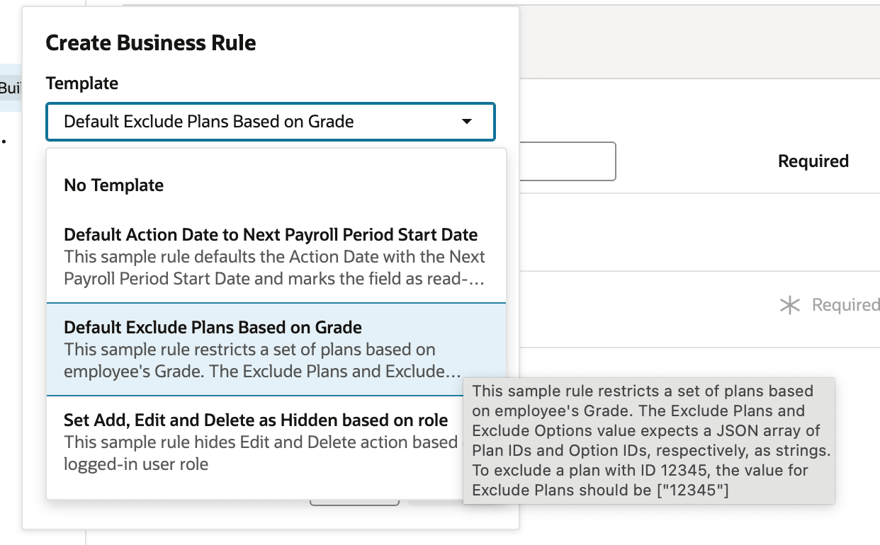 Create Business Rule Panel Showing Hover Details for a Template