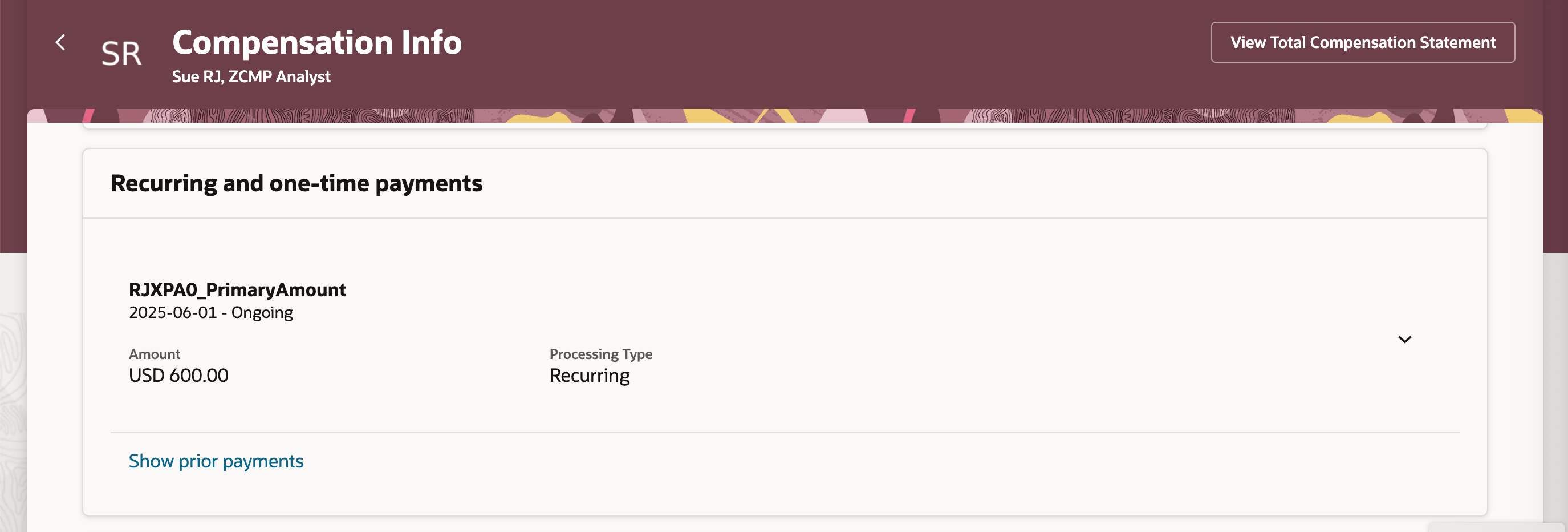 Recurring and One-Time Payments Section with Show Prior Payments Link