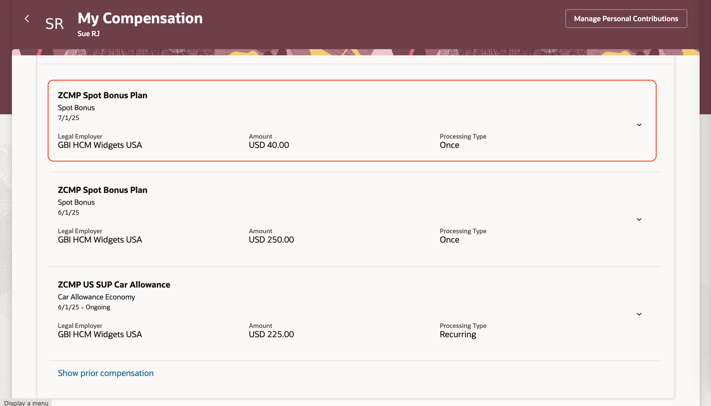 Additional Compensation Section Showing Future Details