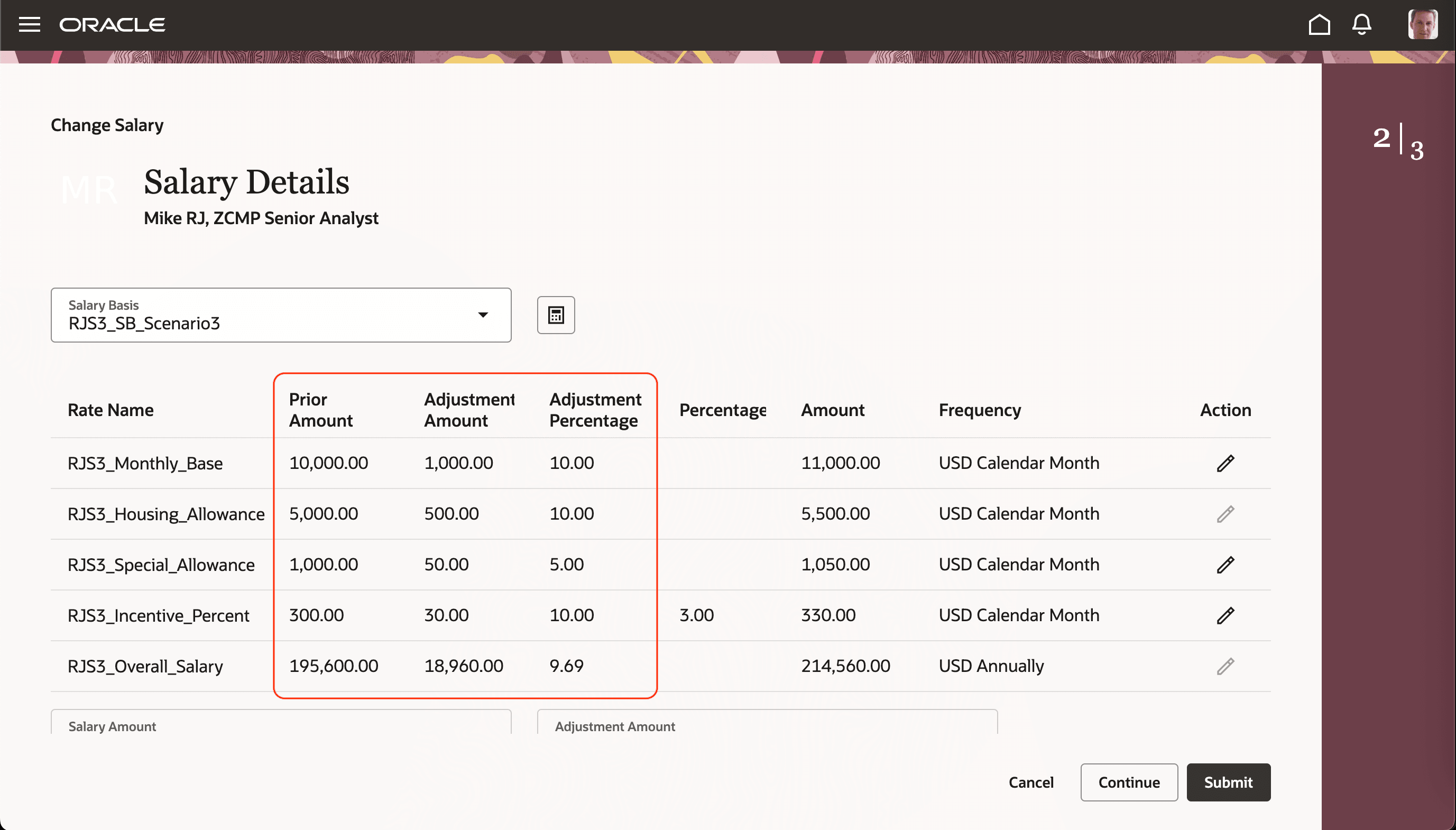 Prior Value, Adjustment Amount and Percentage Displayed
