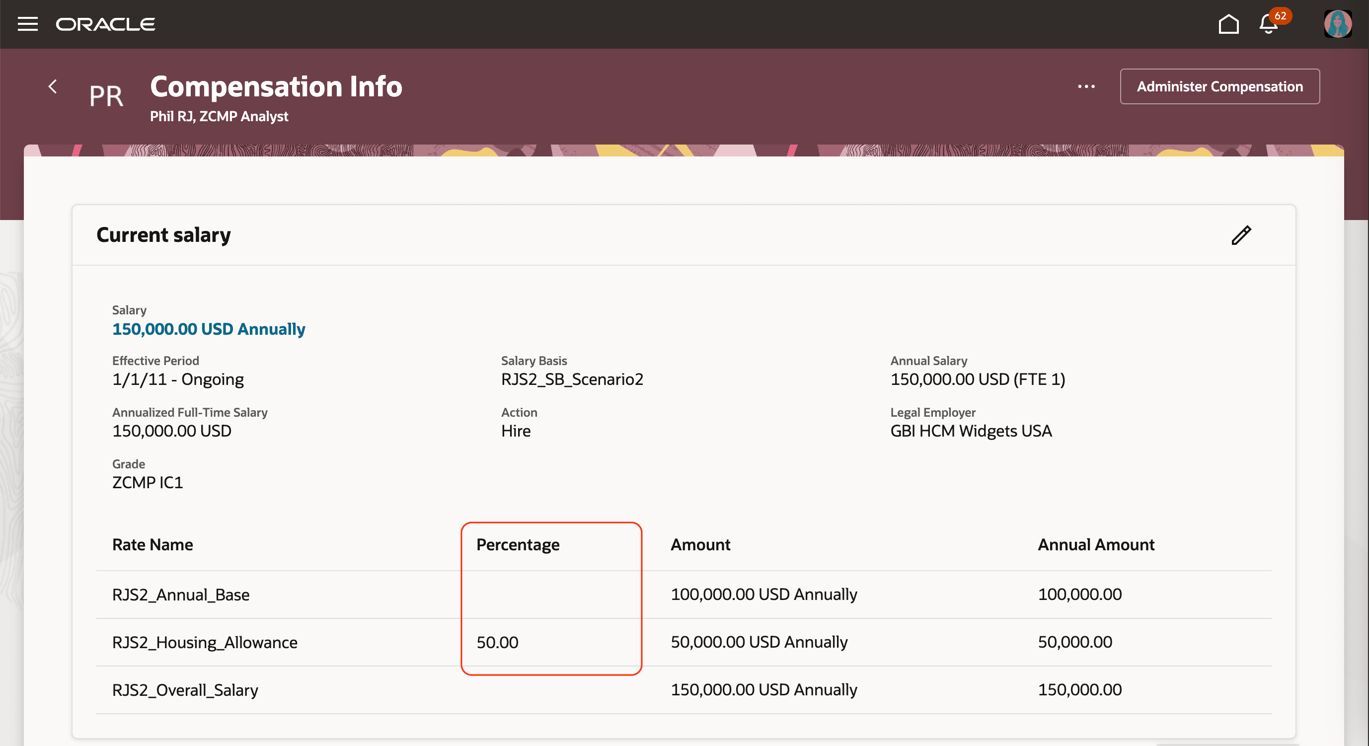 After Creating the Salary Proposal in Redwood Pages, Factor Visible as Percentage in Compensation Info Page