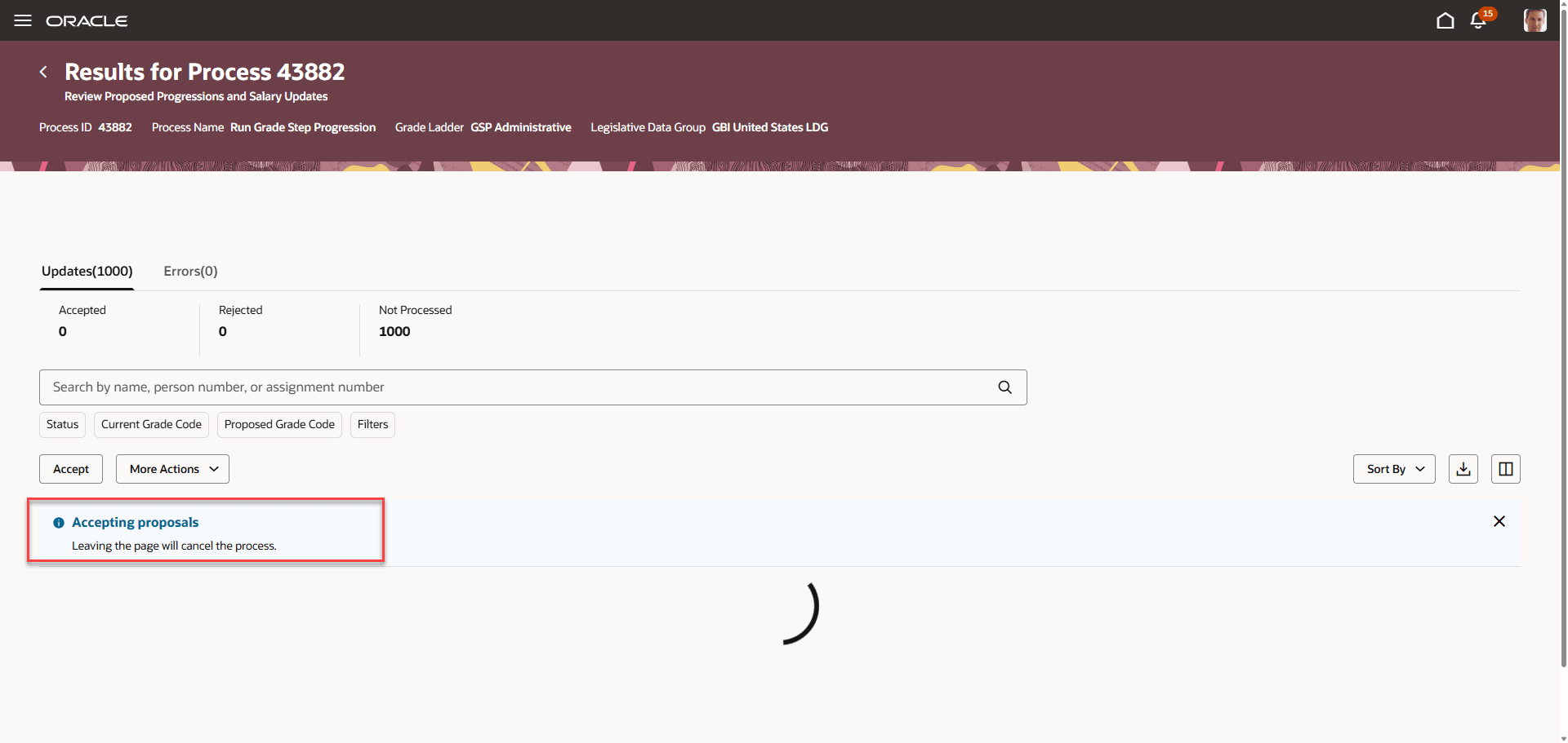 Review Proposed Progressions and Salary Updates Page Showing Message "Accepting Proposals"