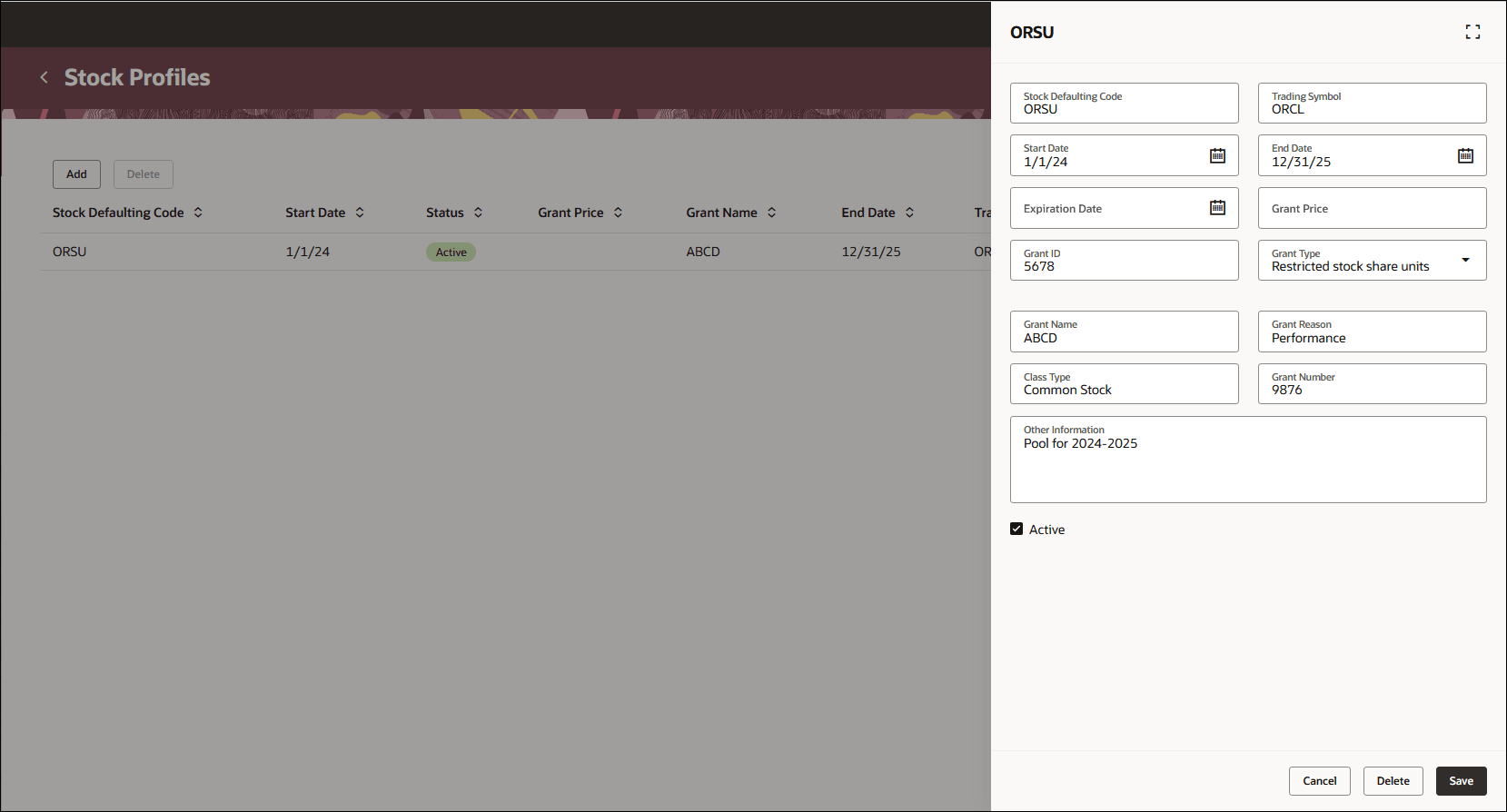 Stock Profiles Panel Drawer