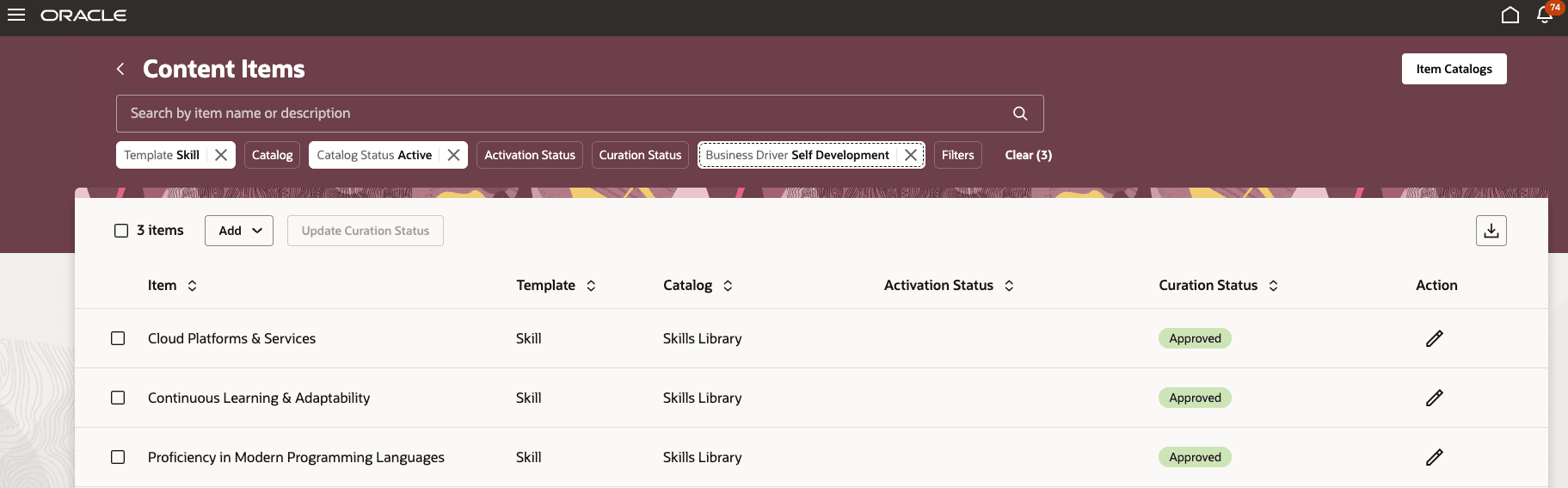 Example for content items filtered based on business driver Self Development