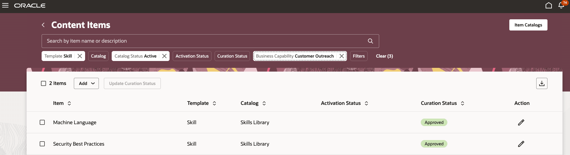 Example for content items filtered based on business capability Customer Outreach